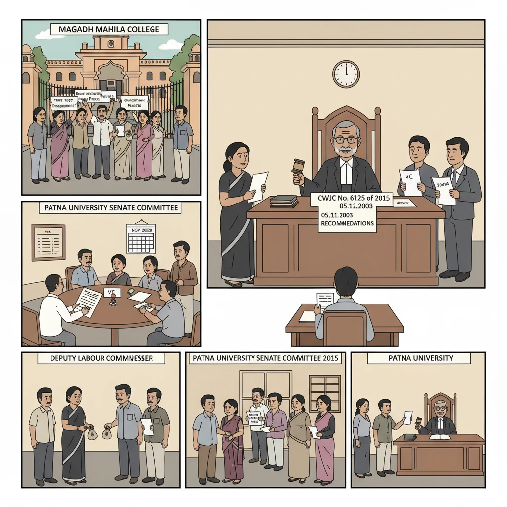 Courtroom scene at Patna High Court depicting hearing on daily wage college staff termination.