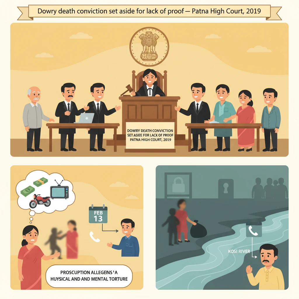 Courtroom illustration showing judges reviewing a dowry death appeal at Patna High Court.
