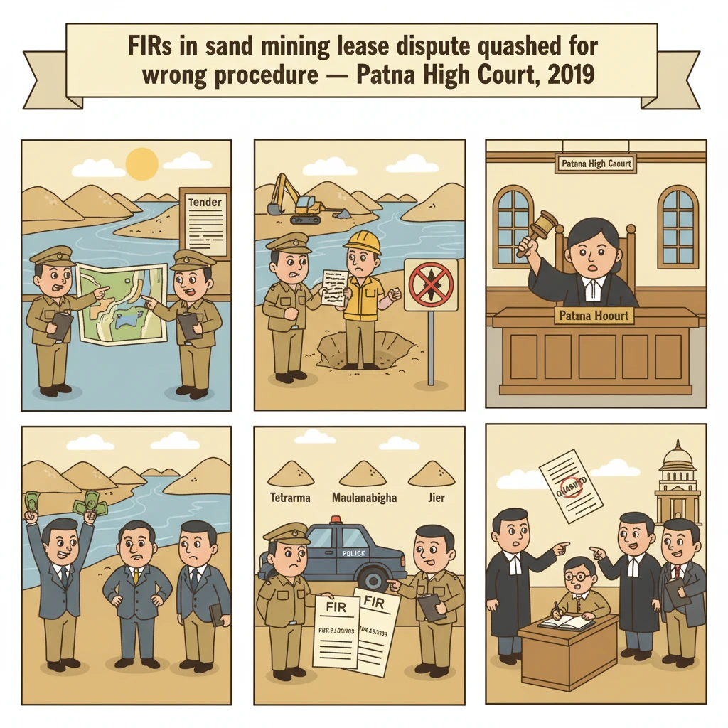 Courtroom illustration showing Patna High Court hearing on sand mining FIRs.