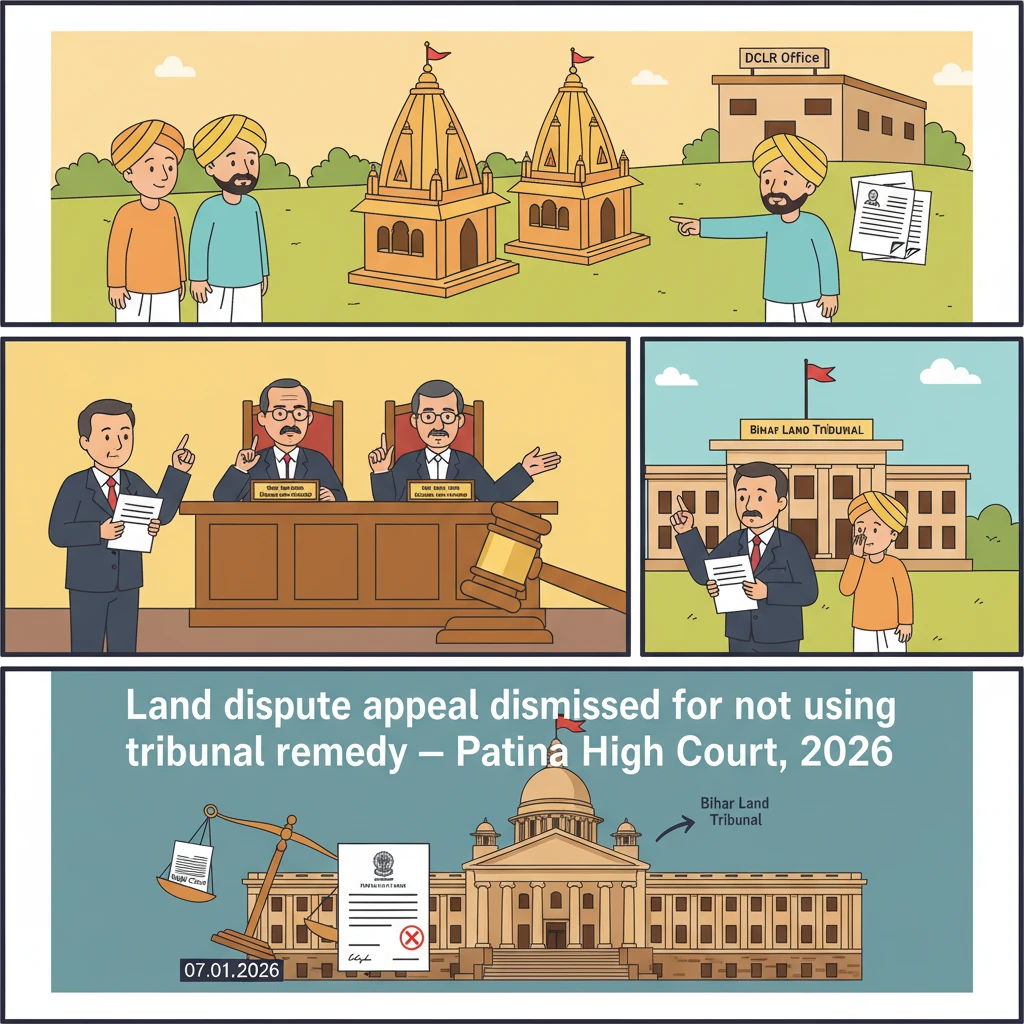 Illustration of Patna High Court overseeing a land dispute redirected to the Bihar Land Tribunal.
