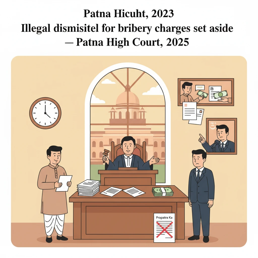 Courtroom scene depicting Patna High Court reviewing a government employee’s dismissal.