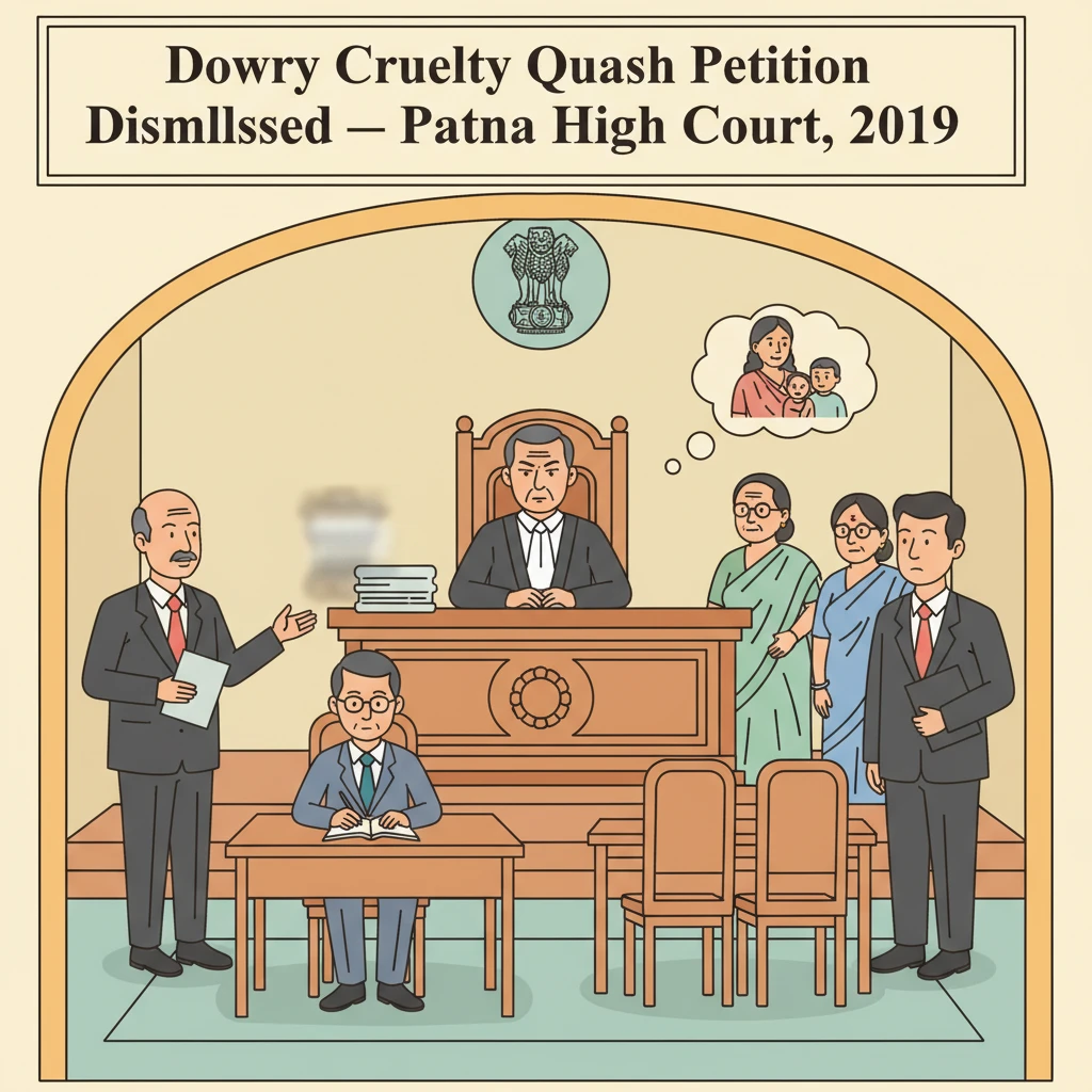 Courtroom scene representing a Patna High Court dowry cruelty case continuing to trial.