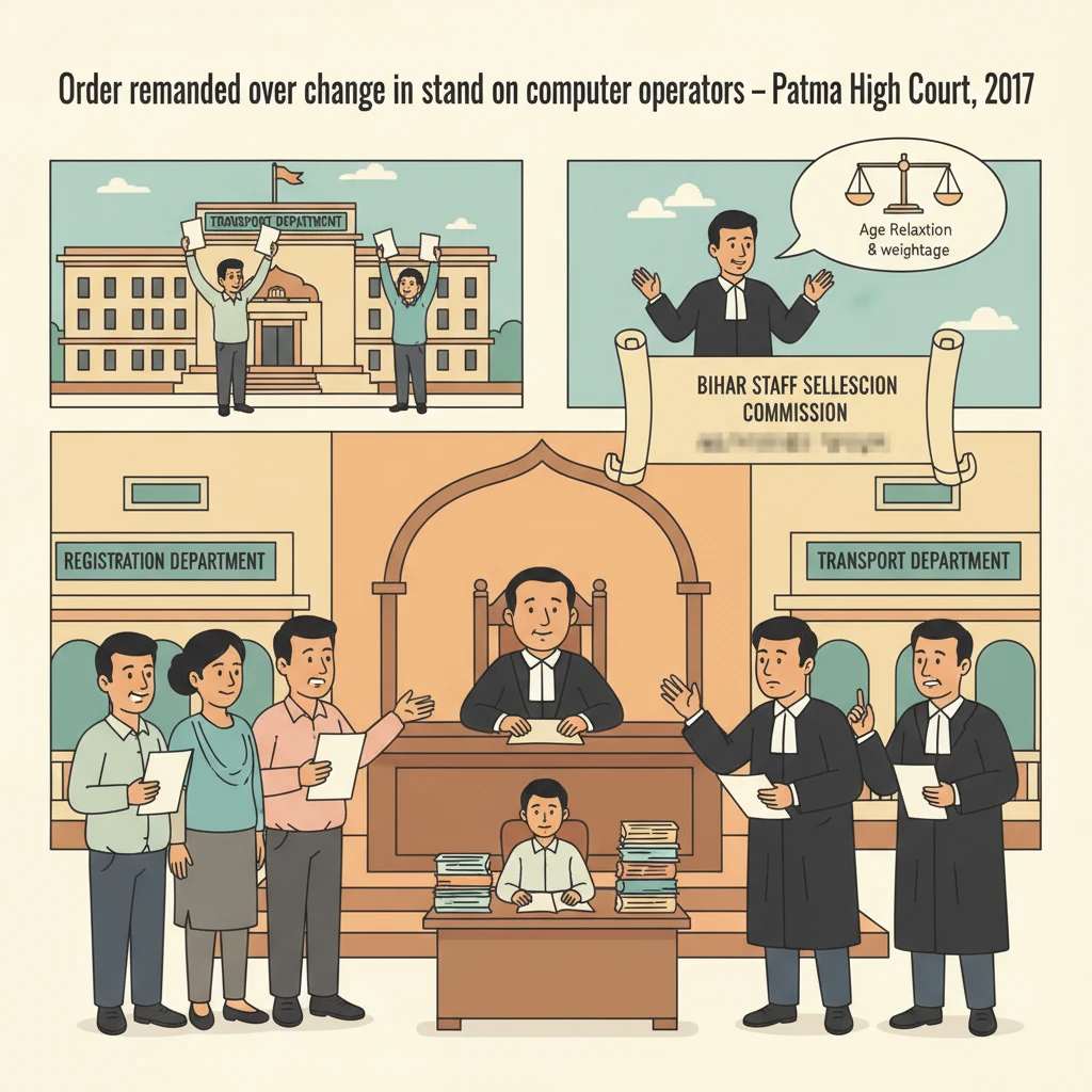 Illustration of judges hearing a Patna High Court case on computer operators’ regularization.