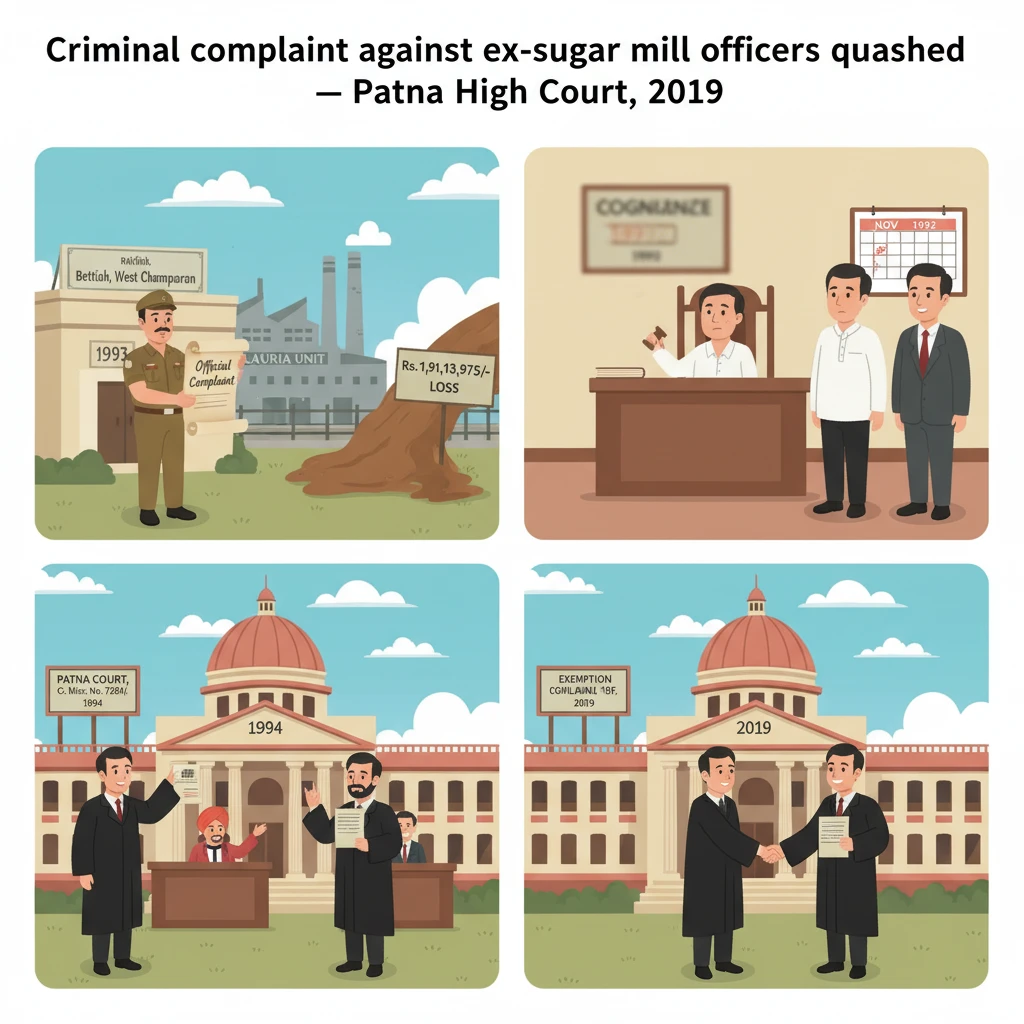 Courtroom scene representing Patna High Court quashing a criminal case against public sector officers.