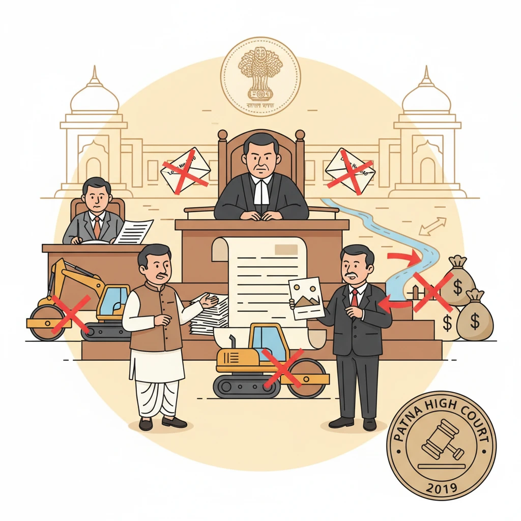 Courtroom illustration showing a public works contract dispute before the Patna High Court.