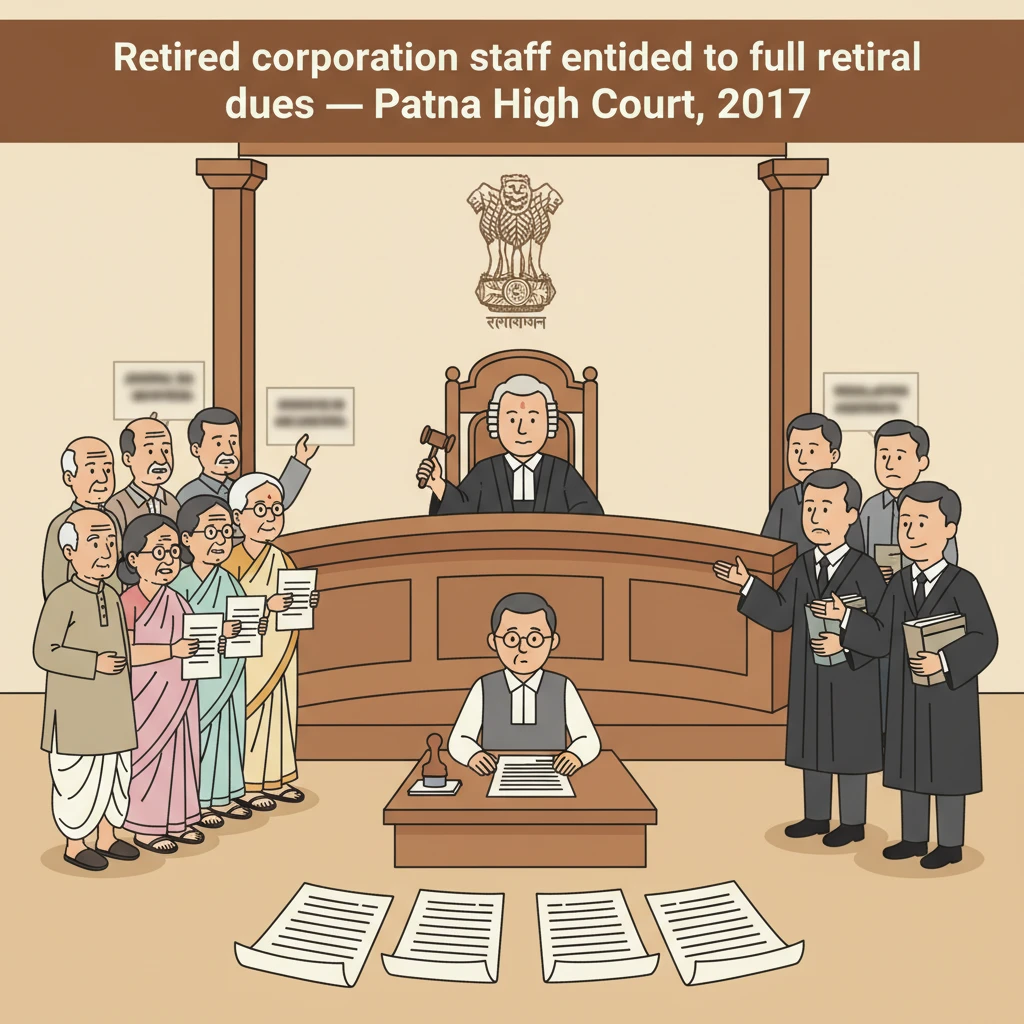 Courtroom scene showing judges examining disputes over retirement benefits of public sector employees.