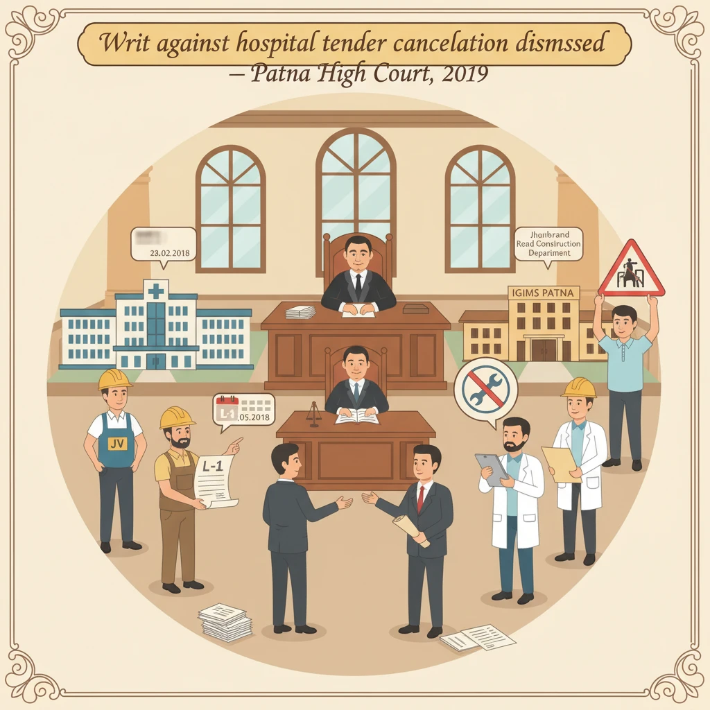 Courtroom illustration showing judicial review of a cancelled hospital construction tender.