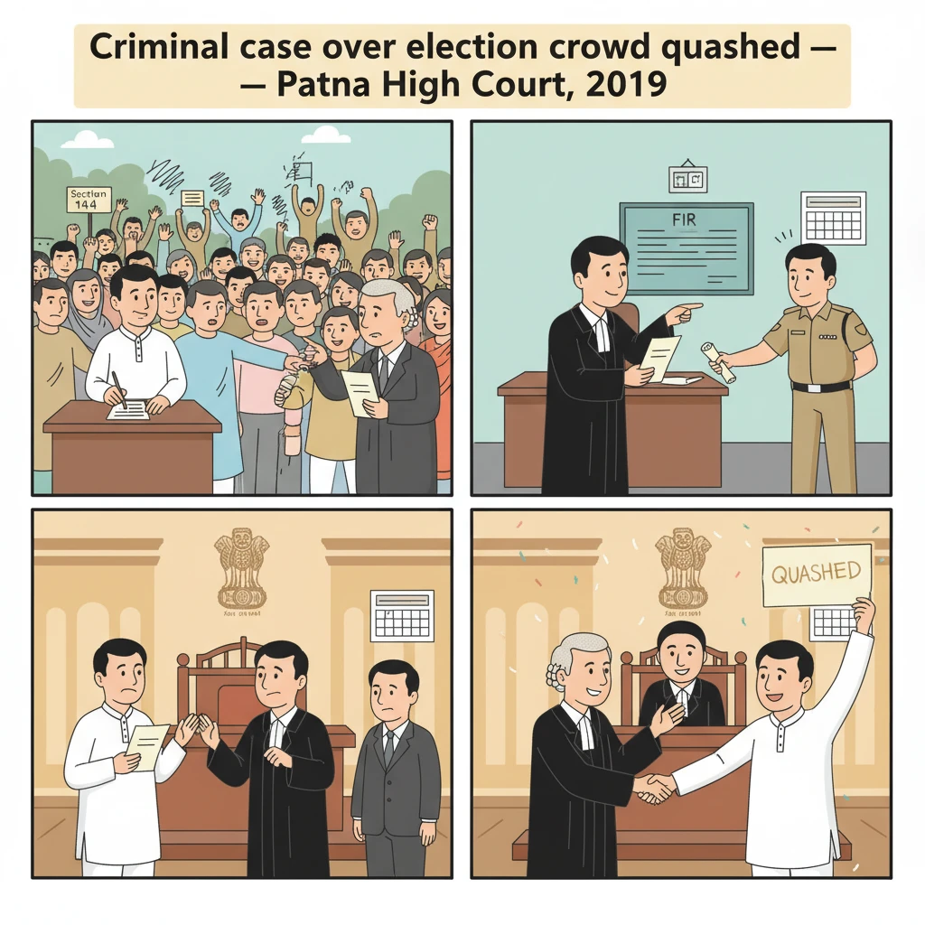 Courtroom illustration showing a judge reviewing a case on alleged violation of Section 144 during election nomination.