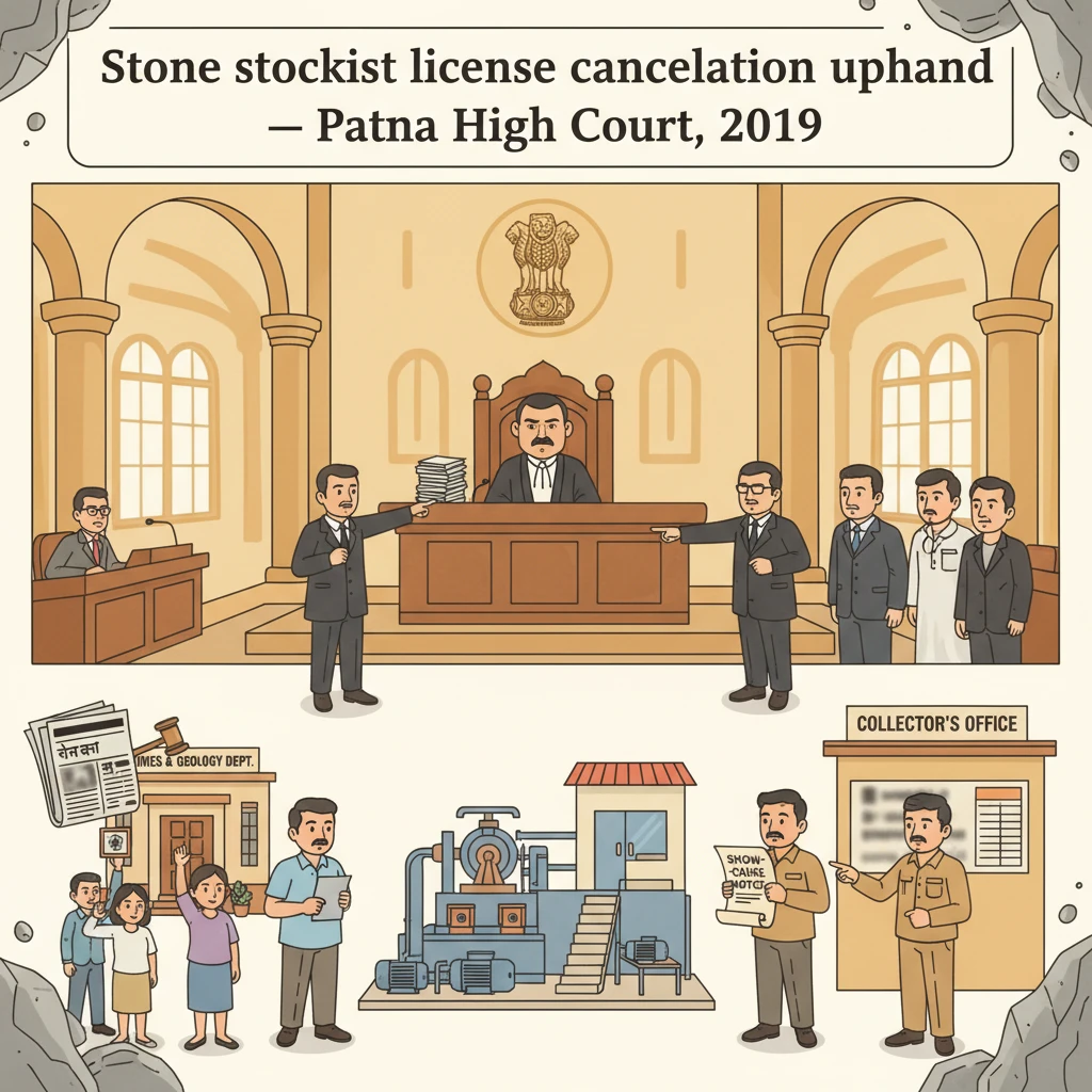 Courtroom illustration showing judicial review of a cancelled stone stockist licence in Bihar.