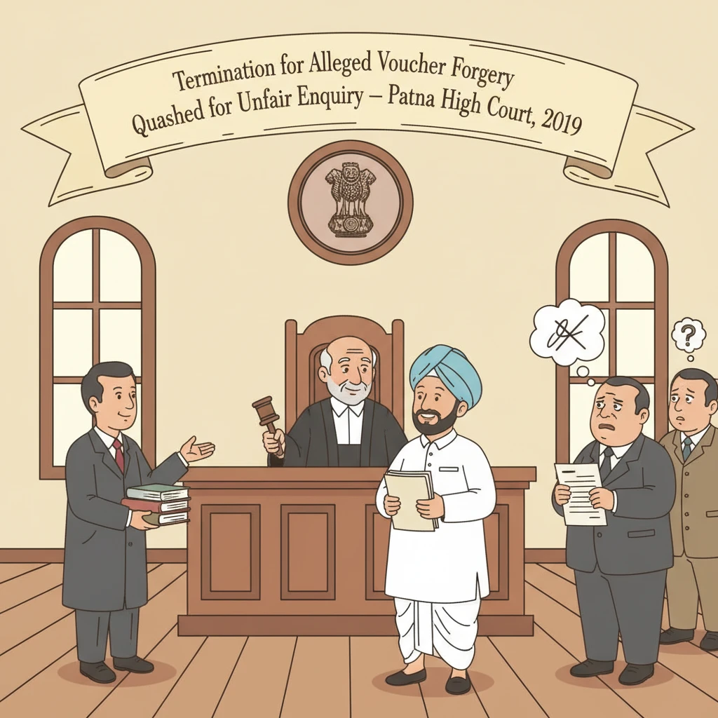 Courtroom illustration showing departmental enquiry against a government clerk reviewed by Patna High Court