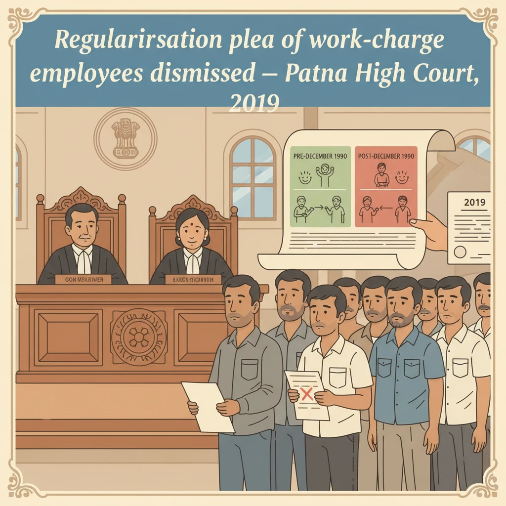 Courtroom scene depicting Patna High Court judges hearing a work-charge regularisation case.