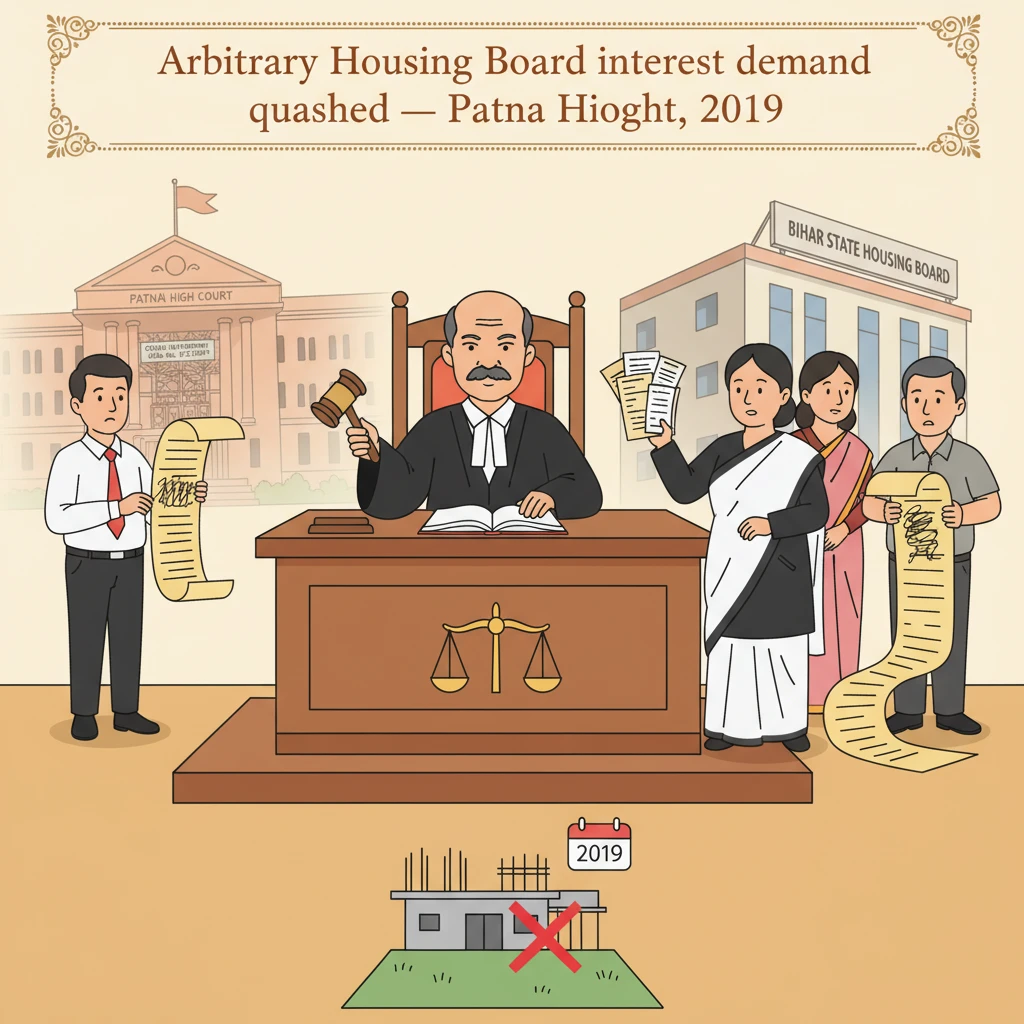 Courtroom scene representing Patna High Court reviewing a housing board interest demand.
