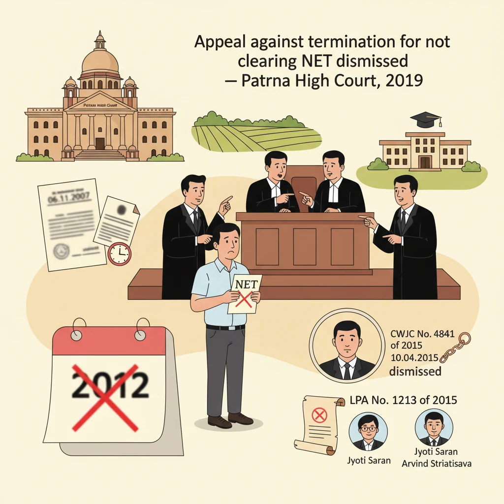 Courtroom scene depicting judges reviewing a university teacher termination case.