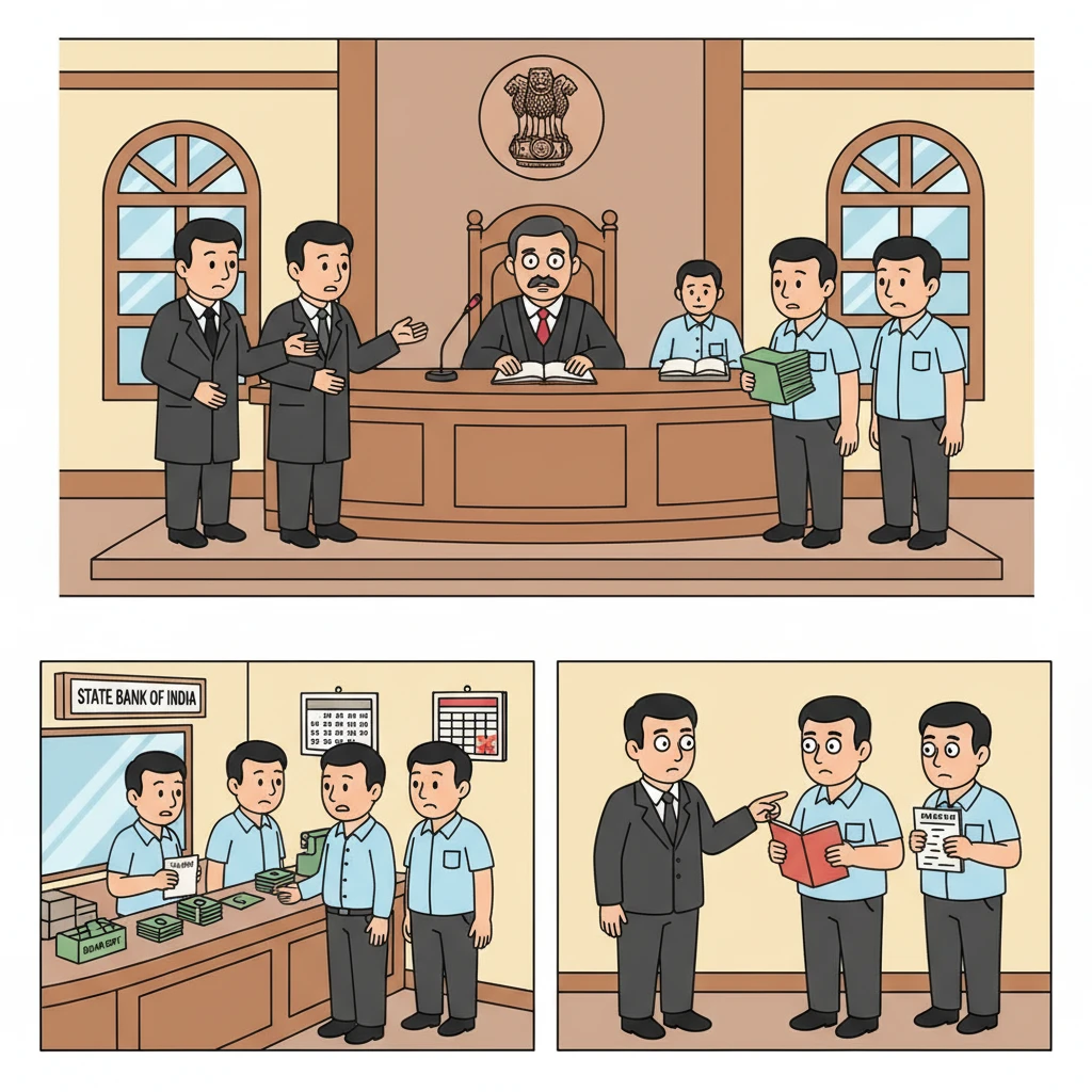 Courtroom illustration showing Patna High Court hearing on SBI employees’ disciplinary removal.