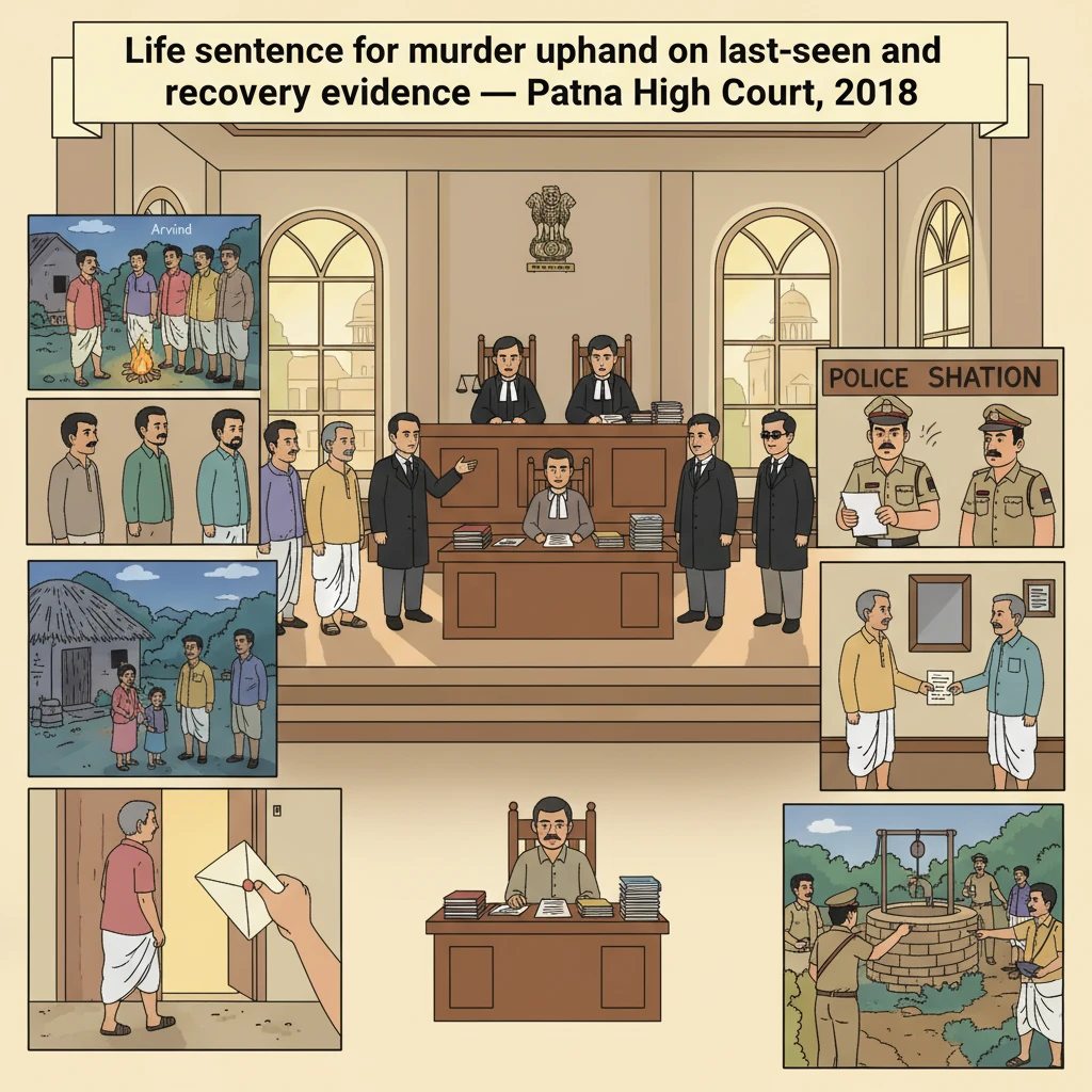 Courtroom illustration representing Patna High Court deciding a village murder appeal.