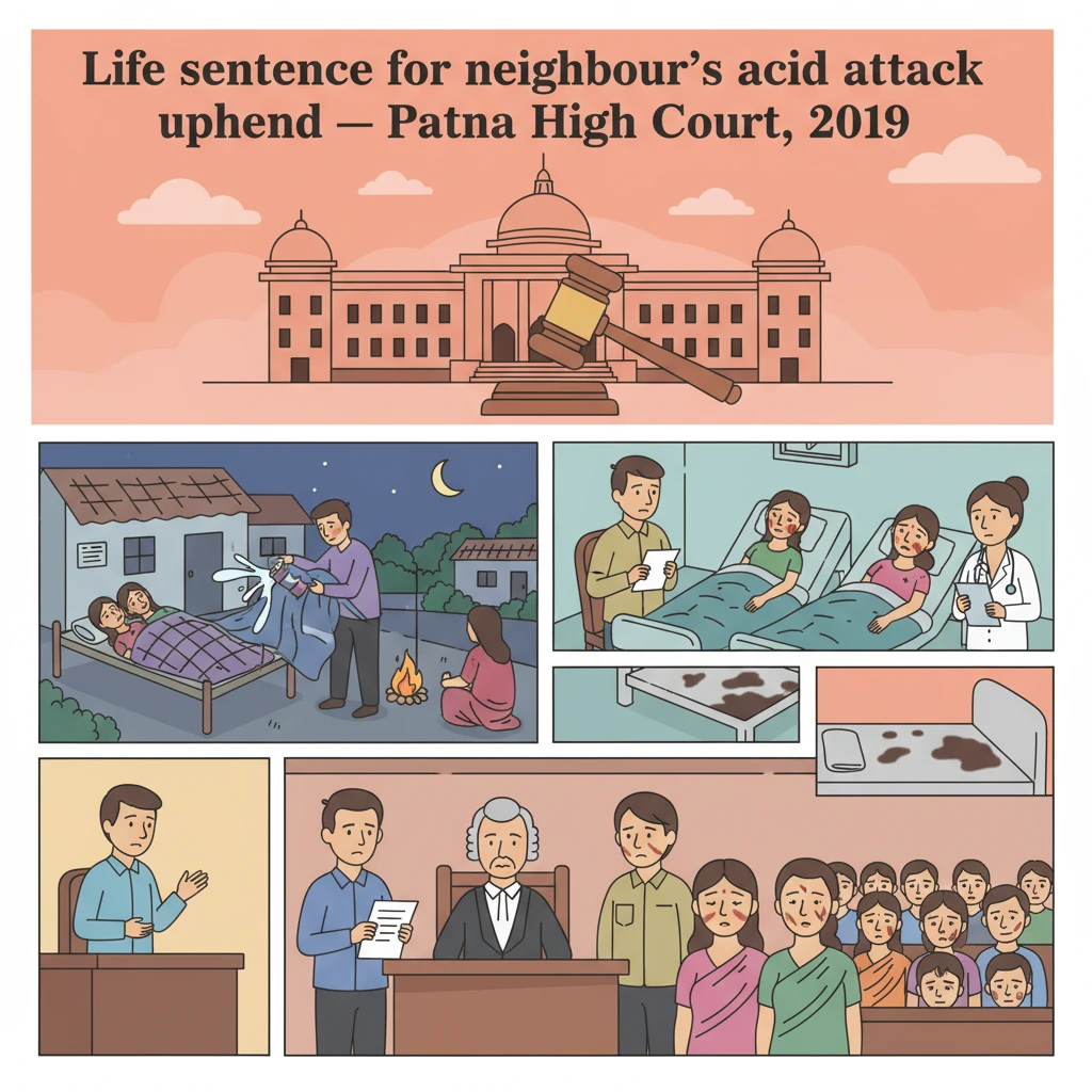 Courtroom illustration showing judges reviewing an acid attack conviction from a village in Bihar.