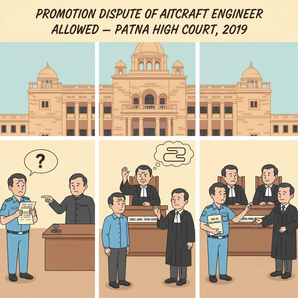 Illustration of Patna High Court reviewing promotion denial of a government aircraft engineer.