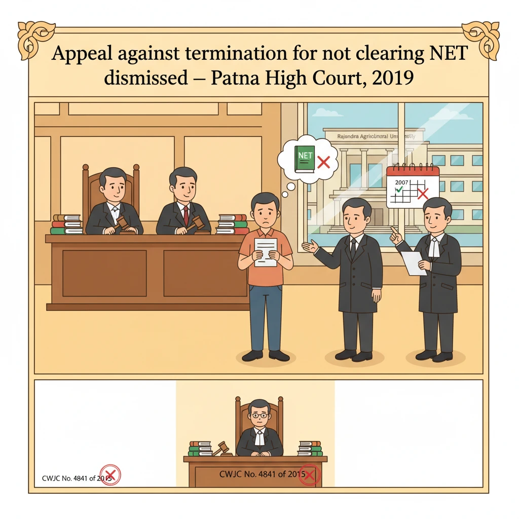 Illustration of Patna High Court reviewing a university teacher’s termination over NET exam condition.
