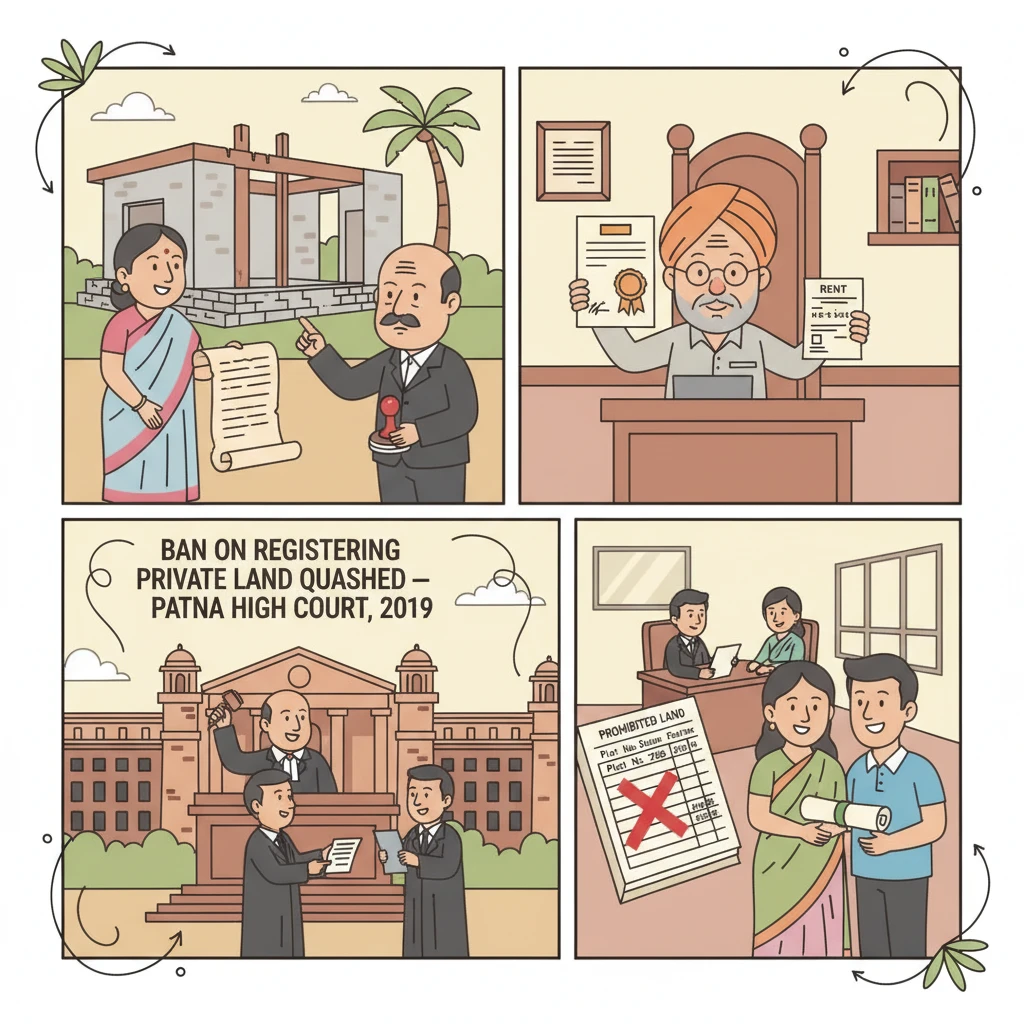 Courtroom scene illustrating a land dispute before the Patna High Court.