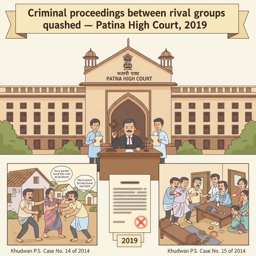 Courtroom illustration representing Patna High Court quashing cross criminal cases under Section 482 CrPC.