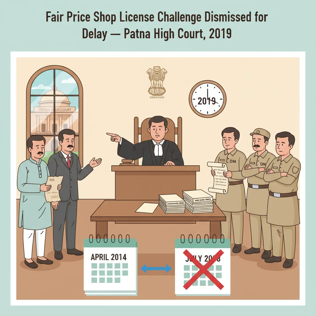 Illustration of Patna High Court reviewing a delayed challenge to cancellation of a fair price shop licence.