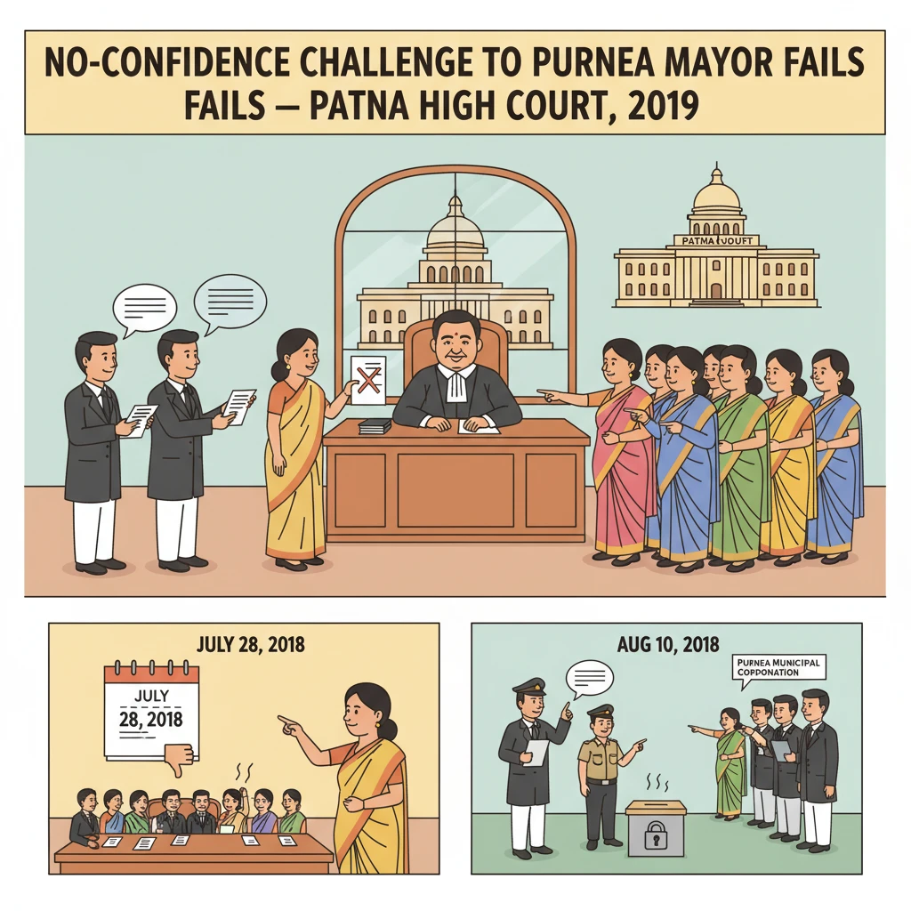 Courtroom scene illustrating Patna High Court review of a municipal no-confidence motion.