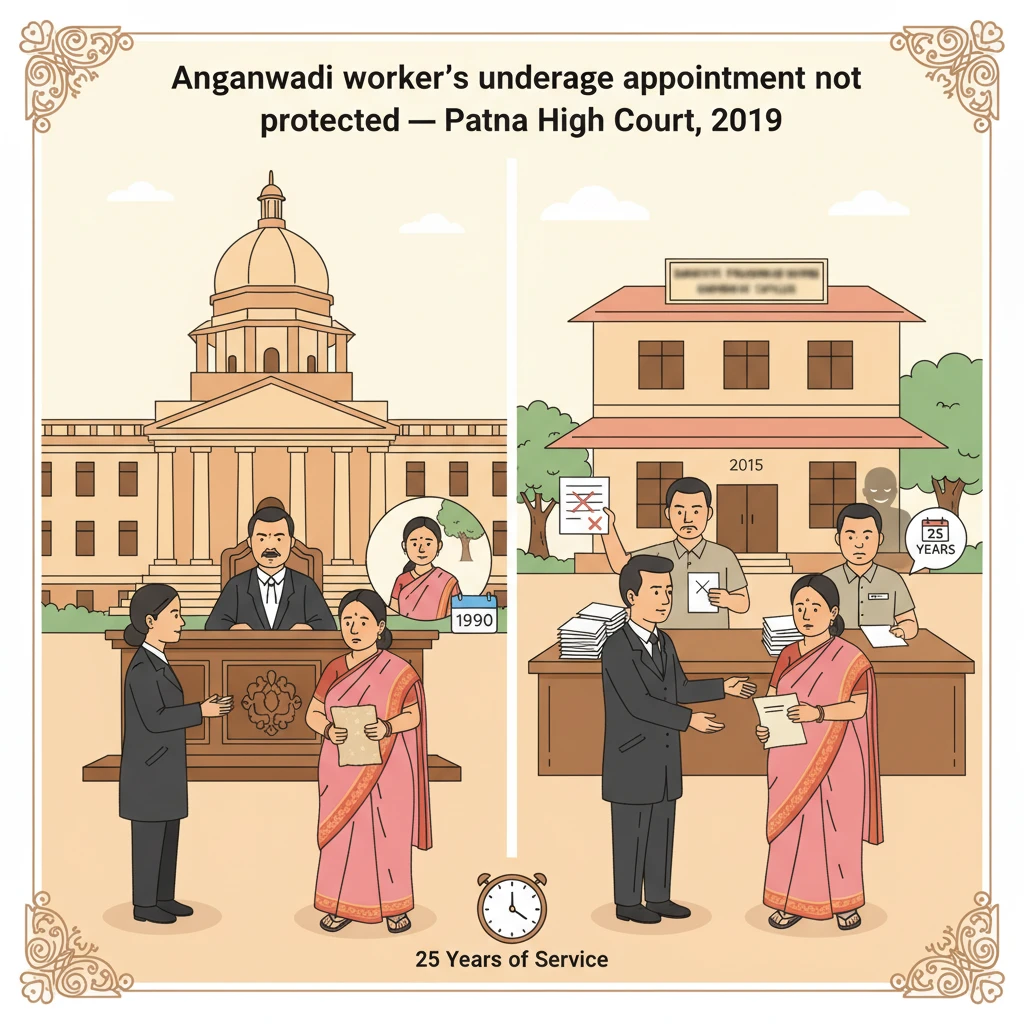 Illustration of Patna High Court reviewing cancellation of an Anganwadi worker’s underage appointment.