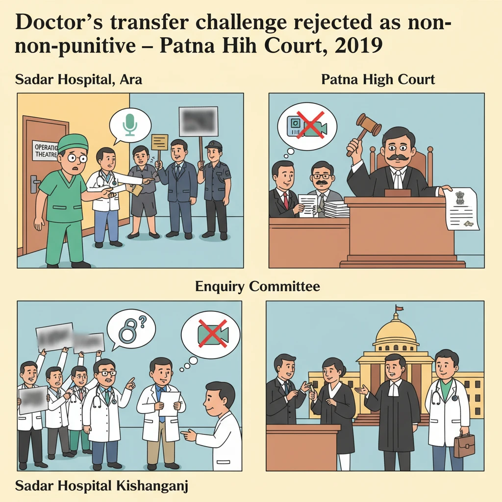 Courtroom illustration showing judicial review of a Bihar government doctor’s transfer.