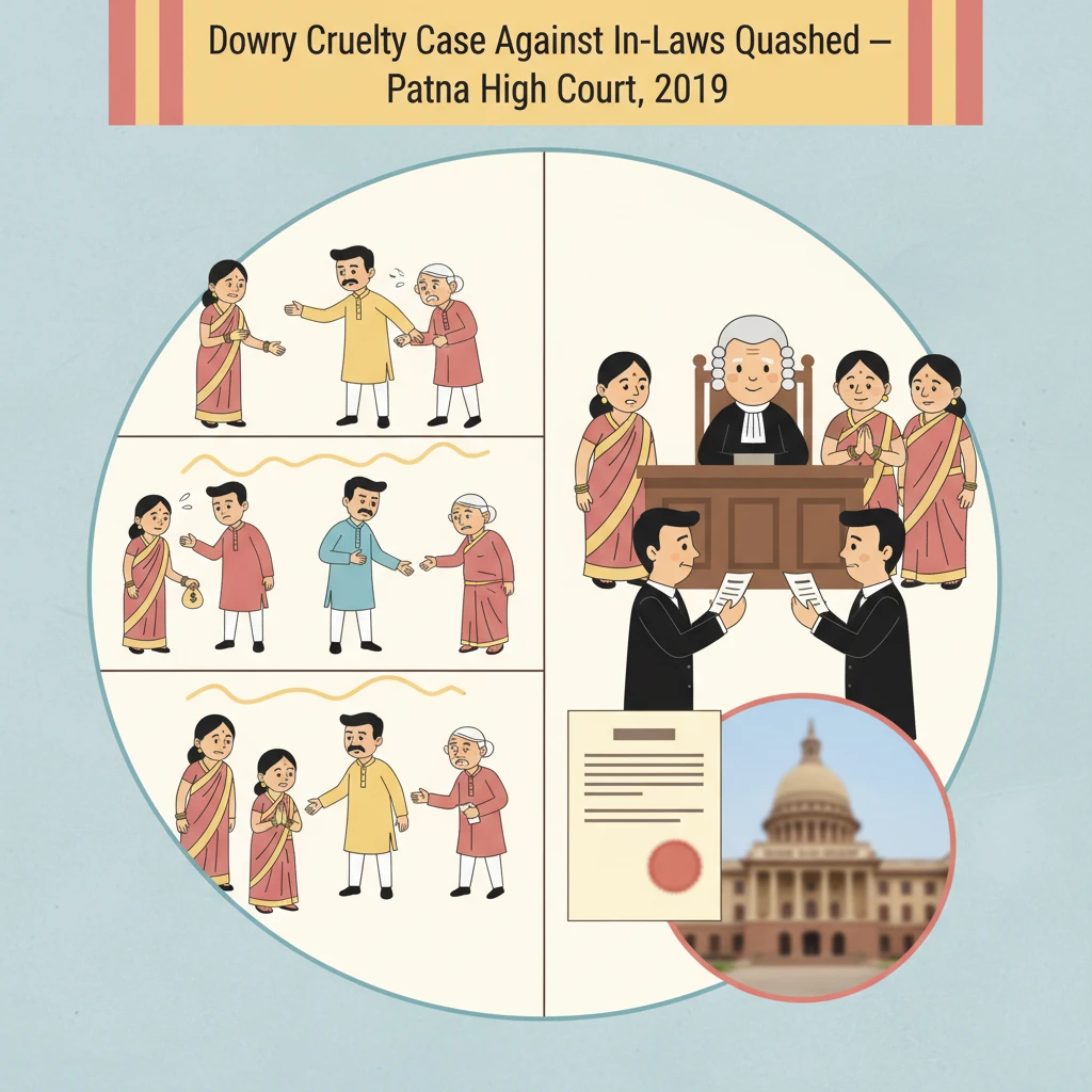 Courtroom illustration showing judges examining a dowry harassment complaint against in-laws.
