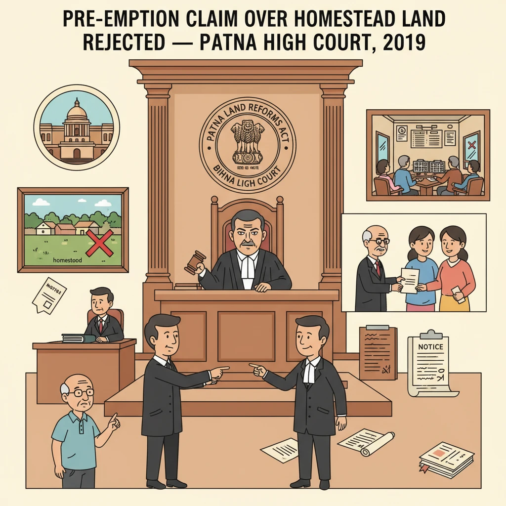 Courtroom scene illustrating Patna High Court hearing a pre-emption dispute over homestead land.