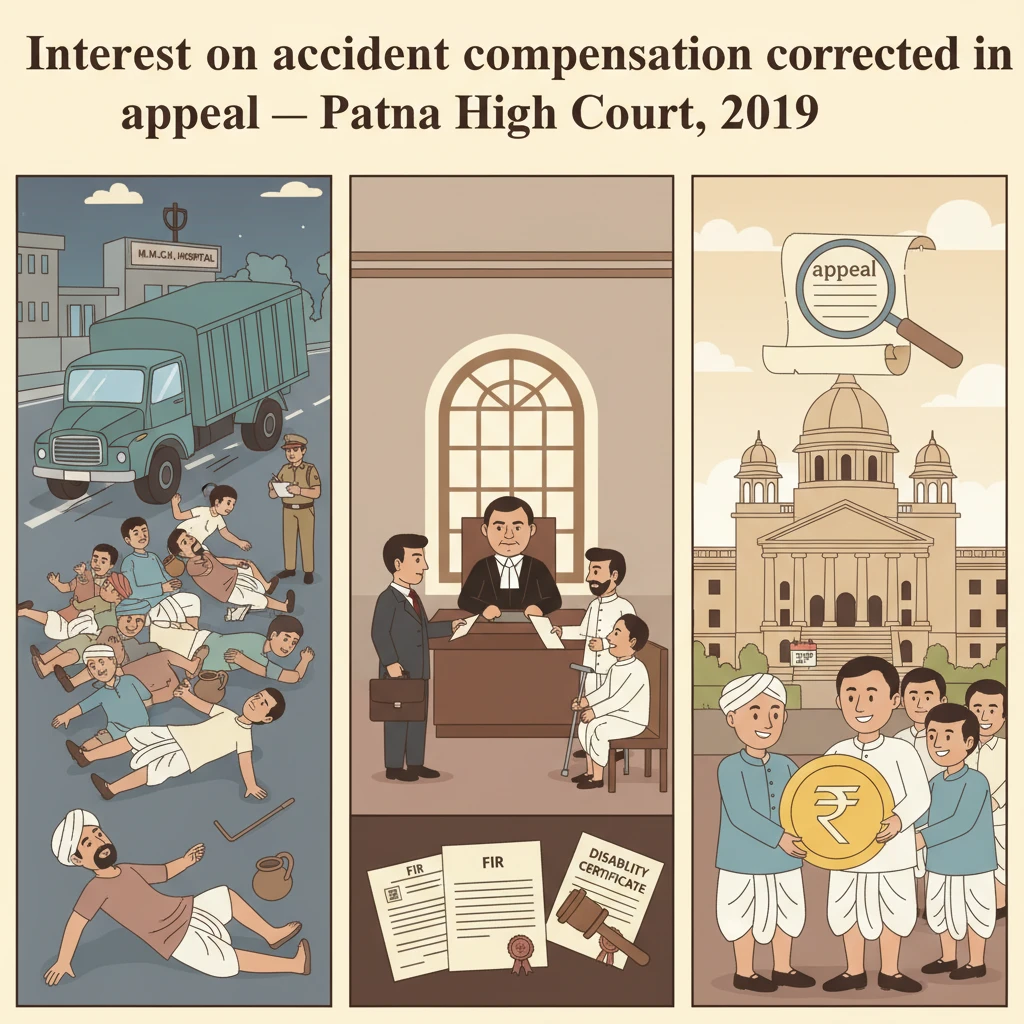 Patna High Court building with focus on motor accident compensation dispute.