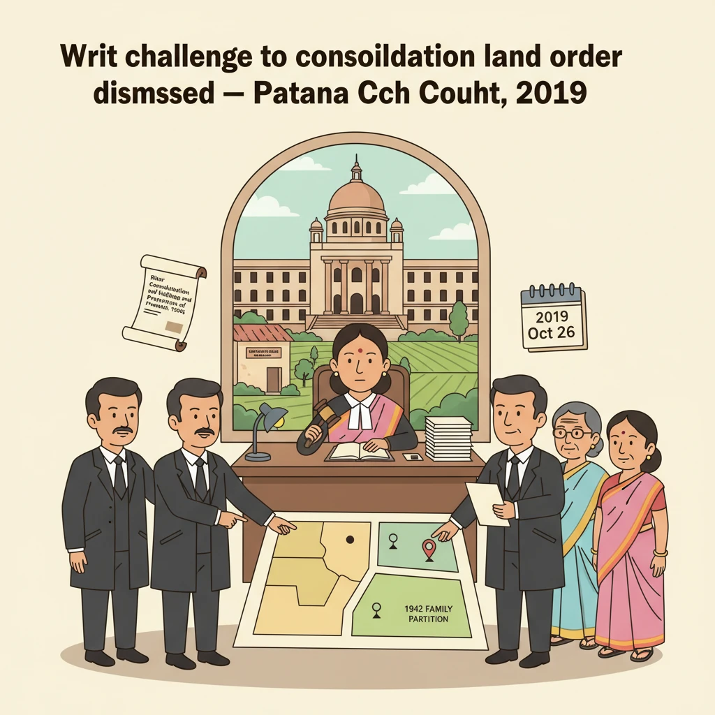 Courtroom illustration showing Patna High Court hearing a rural family land consolidation dispute.