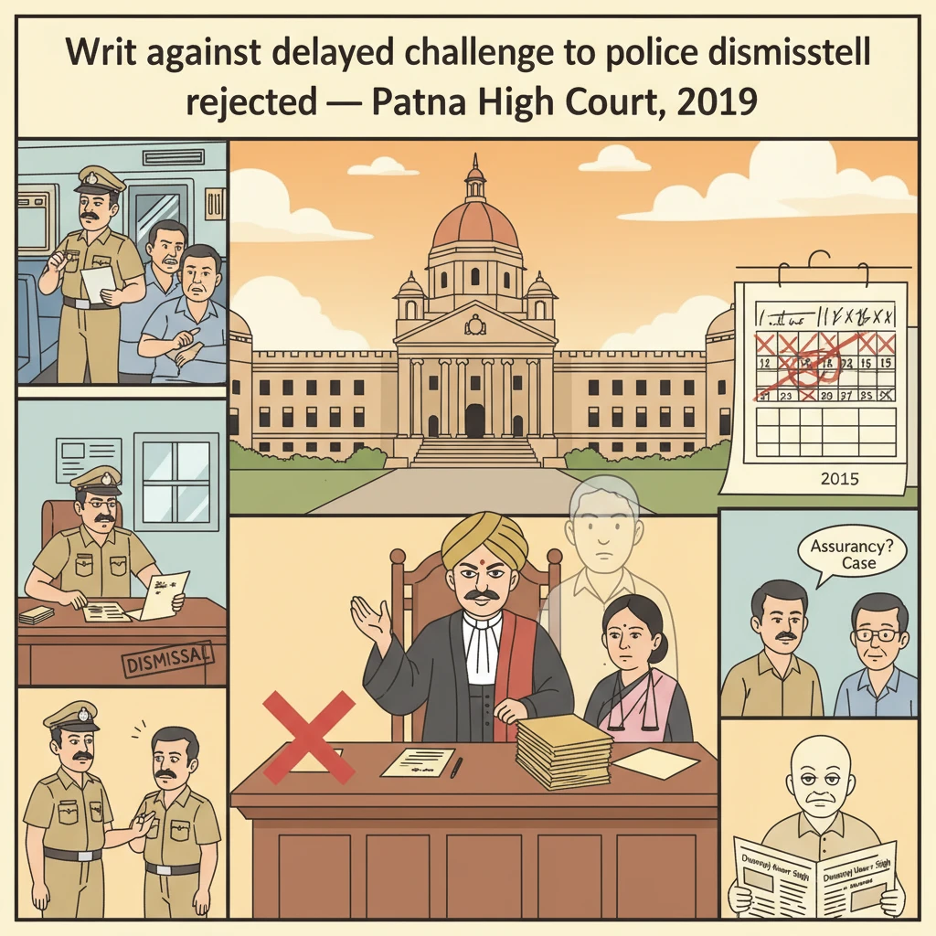 A courtroom scene representing the Patna High Court deciding a delayed service dismissal case.
