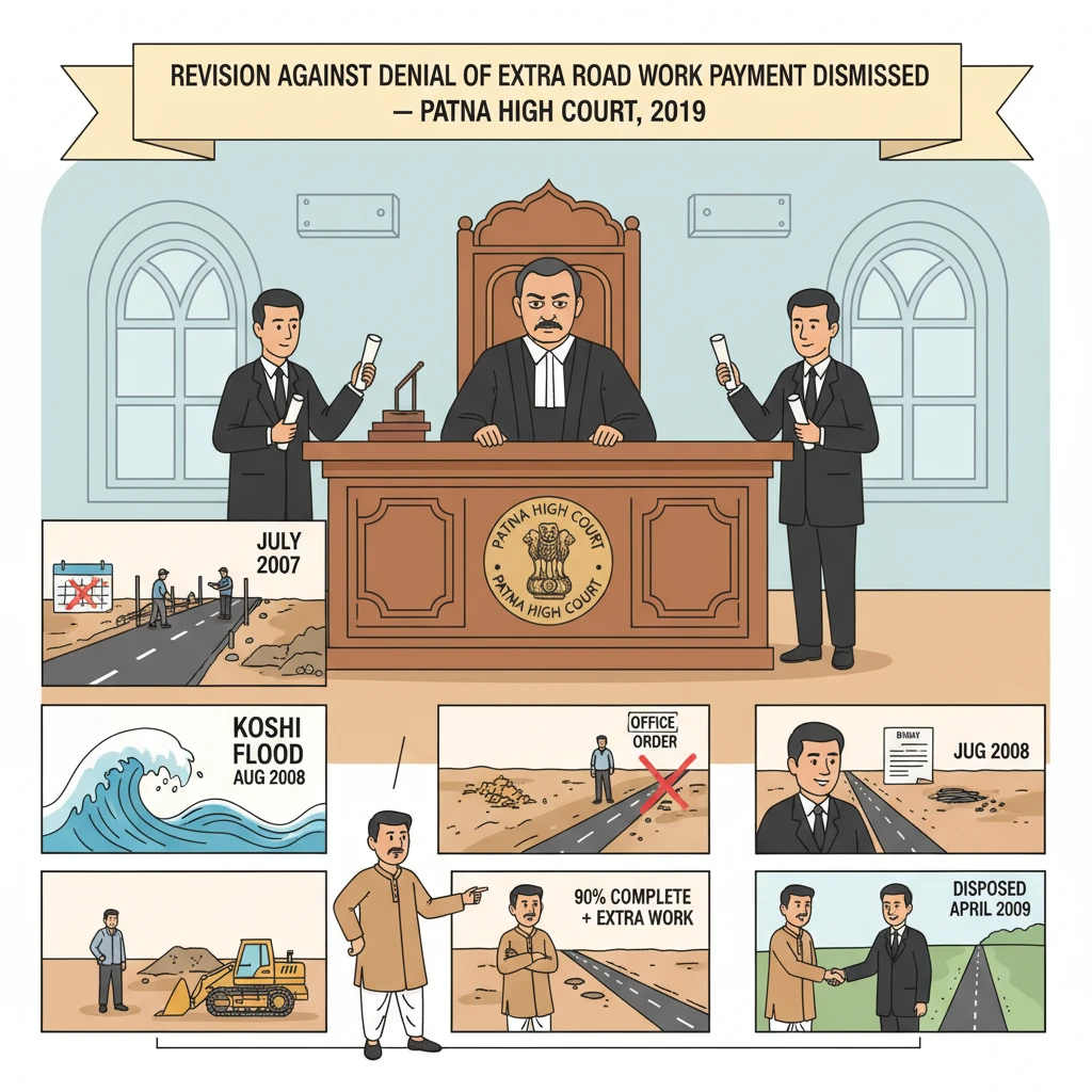 Courtroom and highway repair imagery representing a Patna High Court contract dispute.
