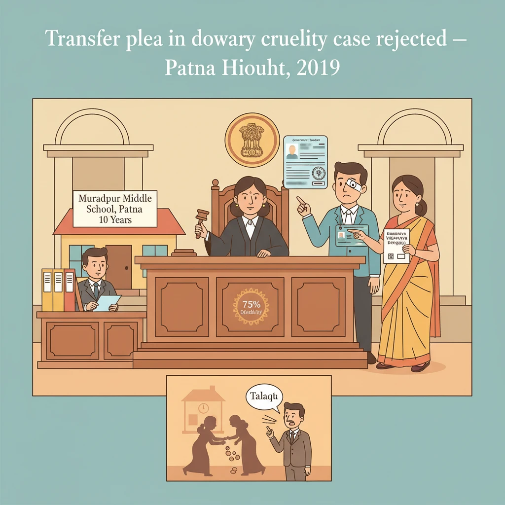 Courtroom scene depicting a transfer request being rejected in a dowry cruelty case.
