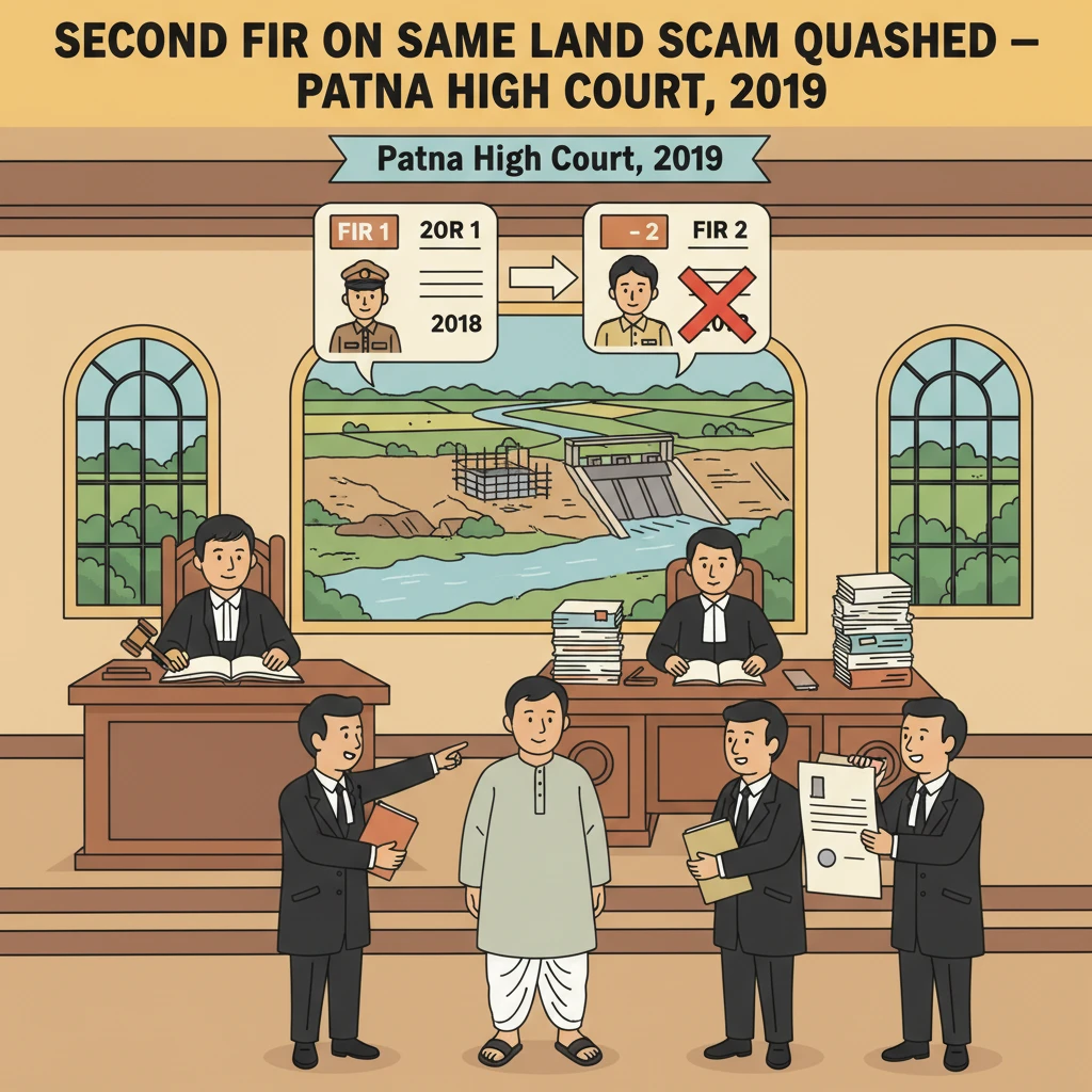 Illustration of Patna High Court examining multiple FIRs in a land compensation fraud case.