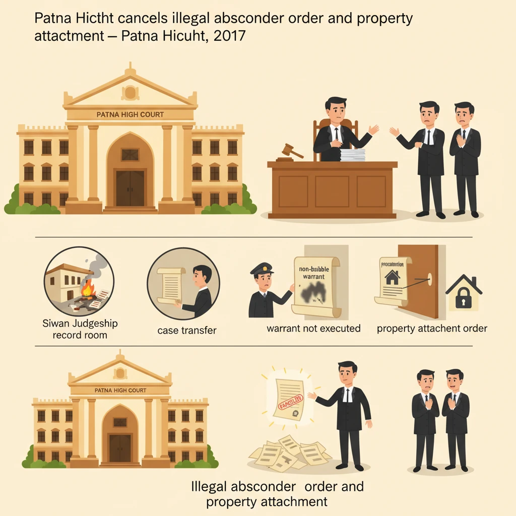 Courtroom illustration showing Patna High Court reviewing absconder and property attachment orders.