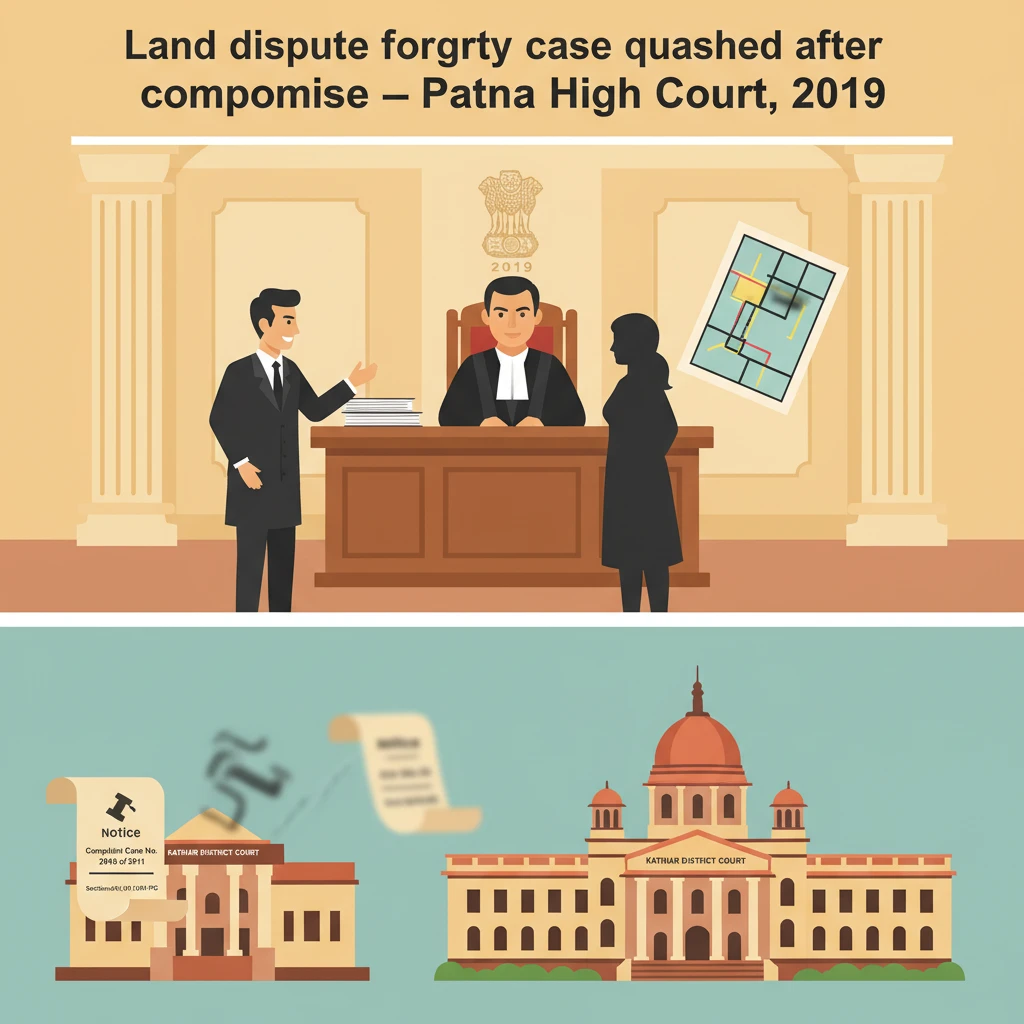 Patna High Court courtroom illustrating quashing of a land dispute forgery case after compromise.