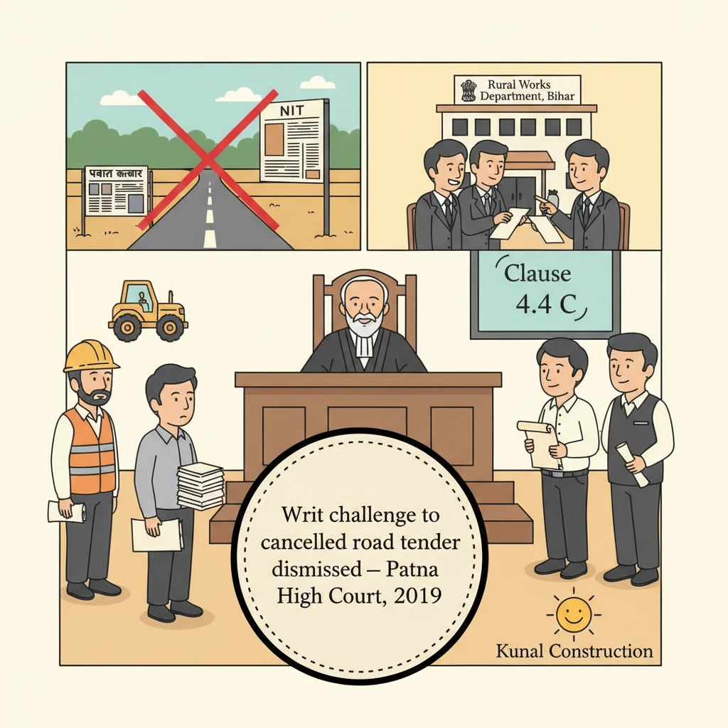 Courtroom scene depicting judicial review of a cancelled government road tender.