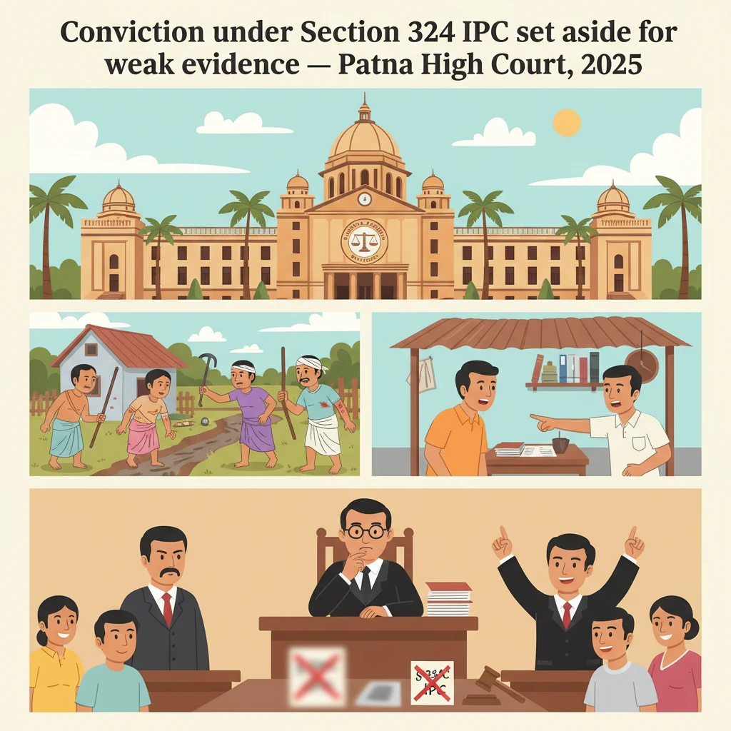 Courtroom illustration showing judges reviewing evidence in a village assault case at Patna High Court.