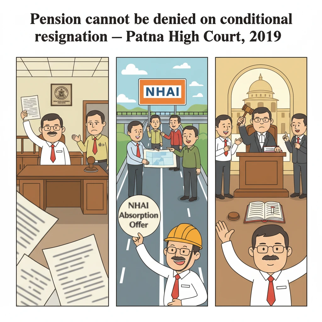 Illustration of Patna High Court hearing on pension after technical resignation to join NHAI