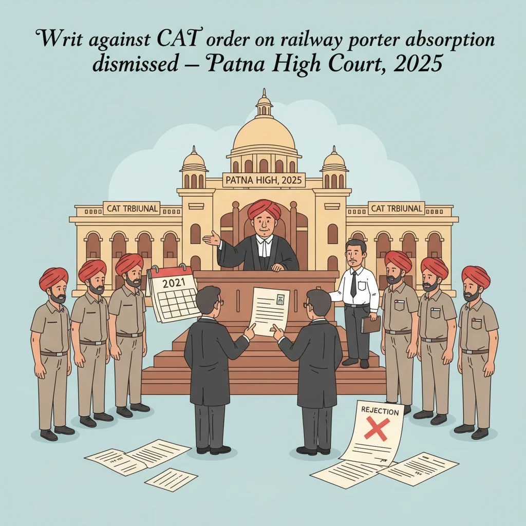 Courtroom illustration representing Patna High Court hearing on delay in railway porter absorption case
