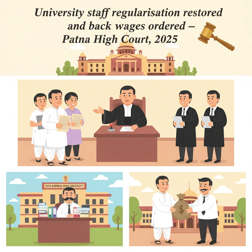 Courtroom scene depicting Patna High Court decision on university staff regularisation.
