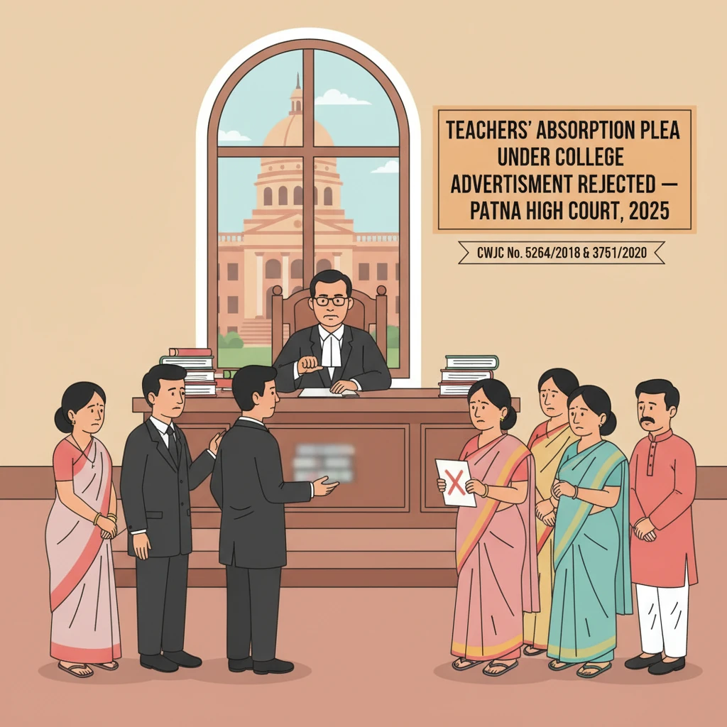 Courtroom illustration representing Patna High Court decision on absorption of college teachers.