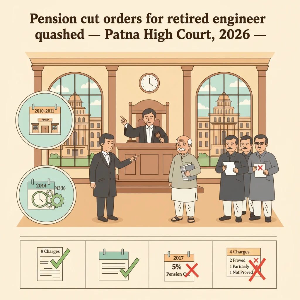 Courtroom illustration symbolising Patna High Court scrutiny of pension cut orders.