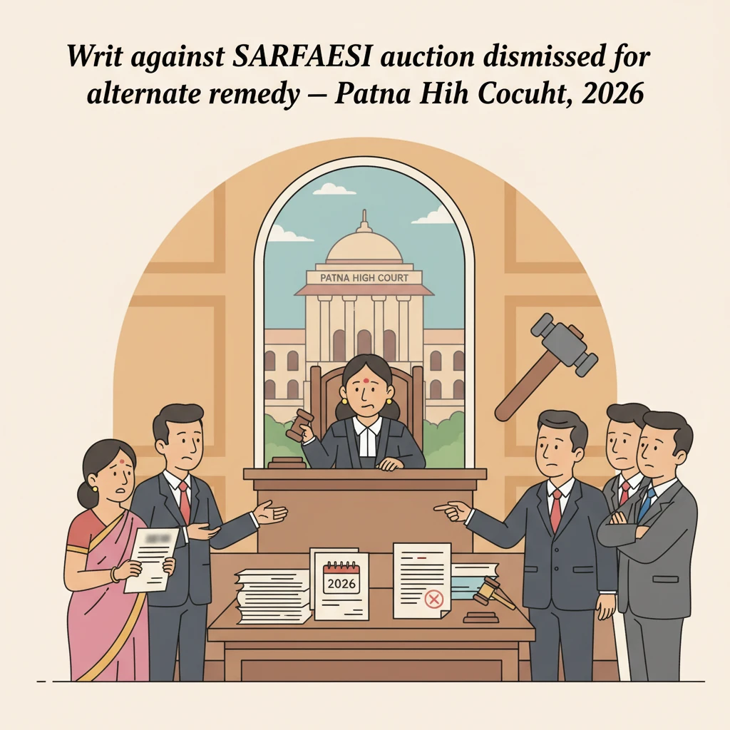 Illustration of Patna High Court hearing a SARFAESI auction dispute over mortgaged shops.