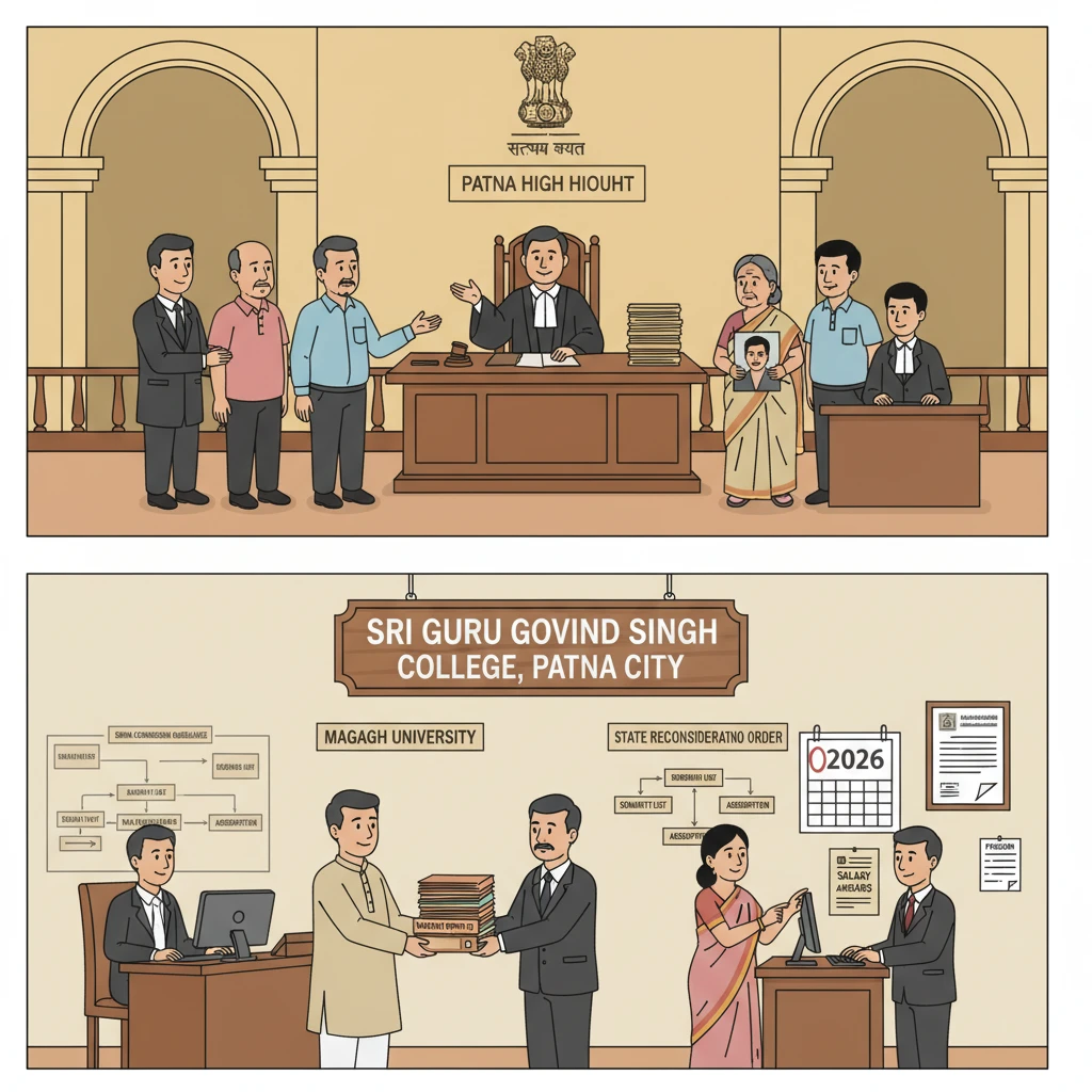 Illustration of Patna High Court overseeing absorption of college non-teaching staff.