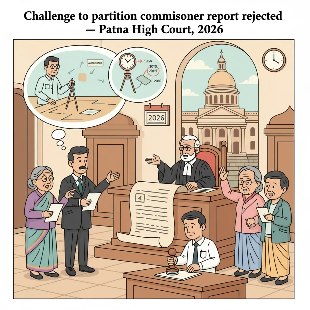 Courtroom illustration showing judges reviewing a long-pending partition case file.