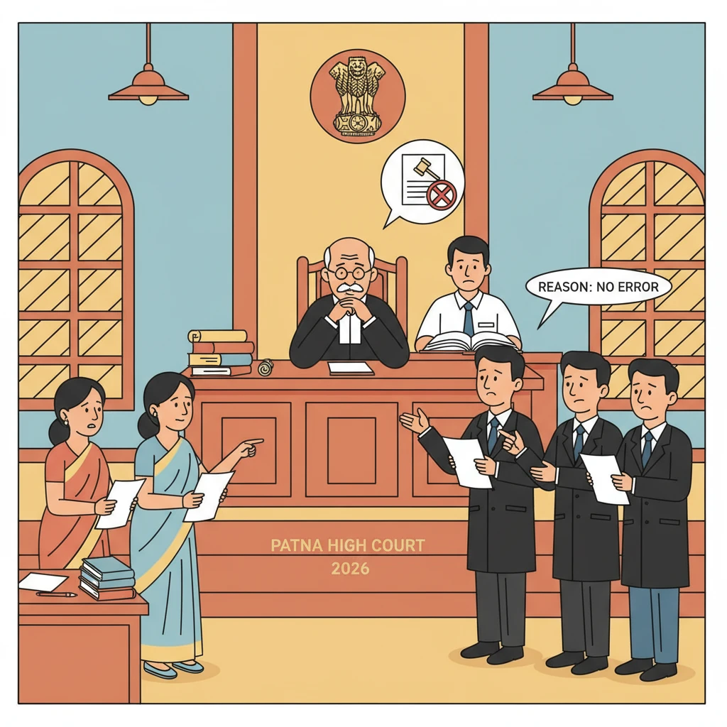 Illustration of a Patna High Court courtroom during a civil review in a partition dispute.