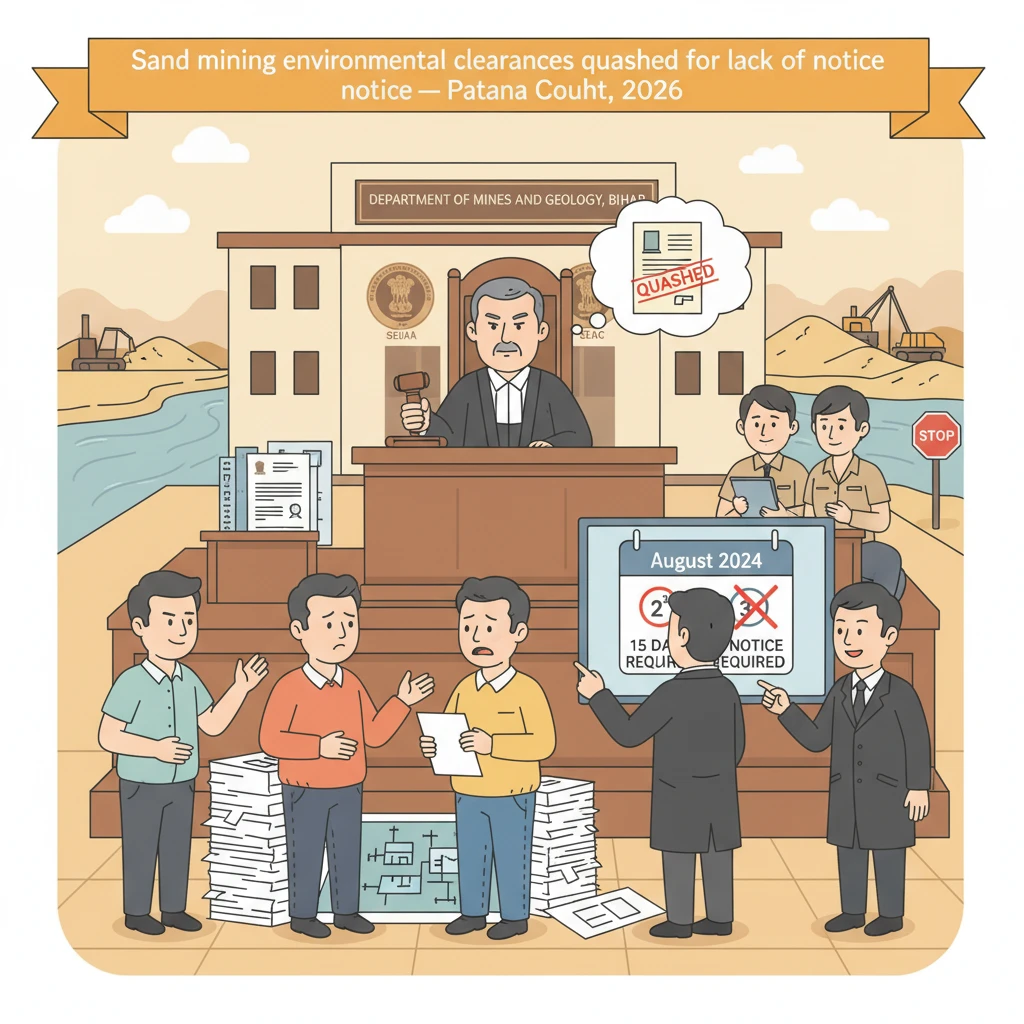 Courtroom scene depicting judicial review of sand mining environmental clearances in Bihar.